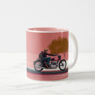 motorcyclist riding a retro-style motorcycle, poss Two-Tone coffee mug