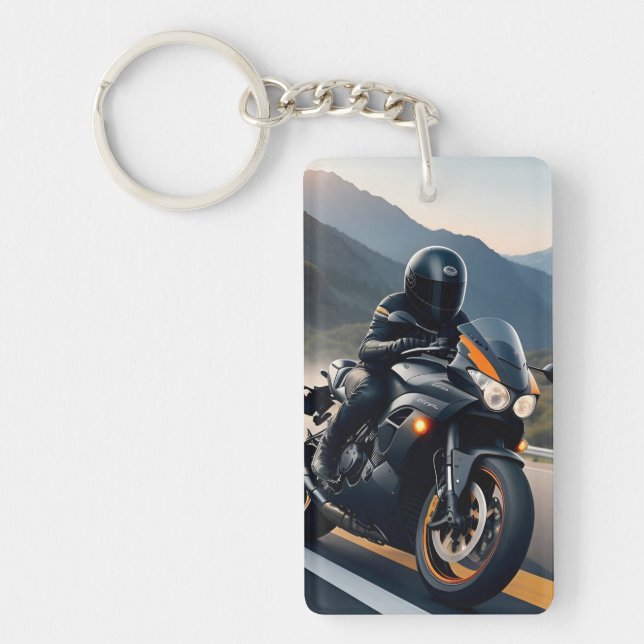 Motorcyclist Riding High-Performance Bike Keychain (Front)