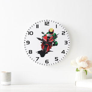 Motorcyclist Riding Red Sportbike Large Clock