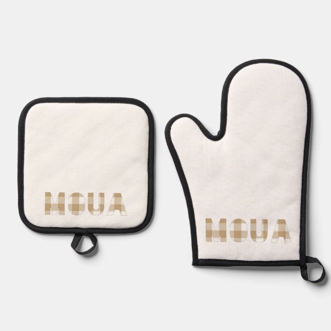 Moua Hmong Last Name Beige Plaid  Oven Mitt & Pot Holder Set (Front)