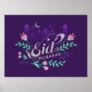 Moubarak de l'Aïd avec fleurs mosquées et affiche 
