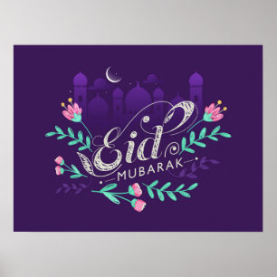 Moubarak de l'Aïd avec fleurs mosquées et affiches