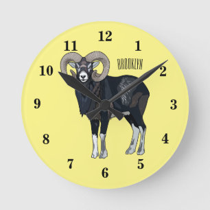 Mouflon sheep cartoon illustration round clock