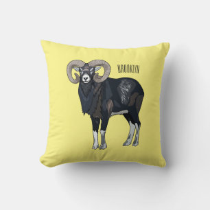 Mouflon sheep cartoon illustration throw pillow