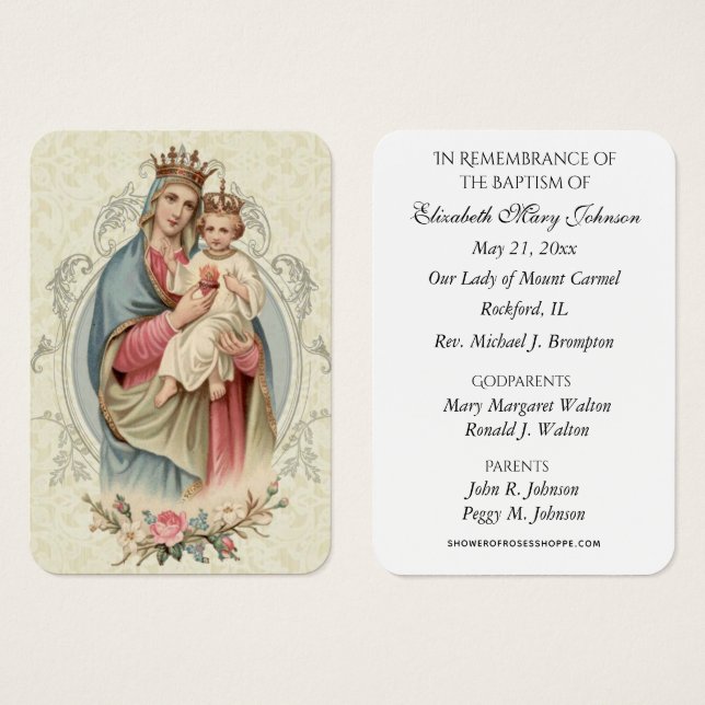 Mount Carmel Baptism Christening Remembrance Card (Front & Back)