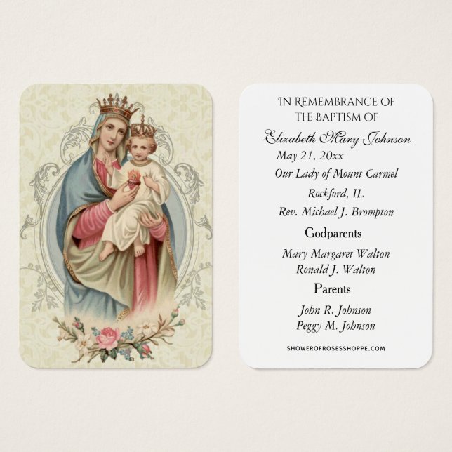 Mount Carmel Baptism Christening Remembrance Card (Front & Back)