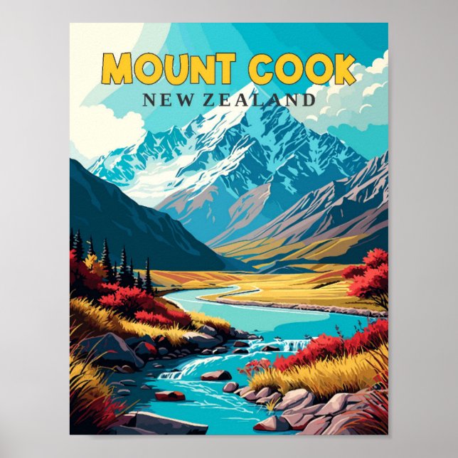 Mount Cook New Zealand vintage travel illustration Poster (Front)