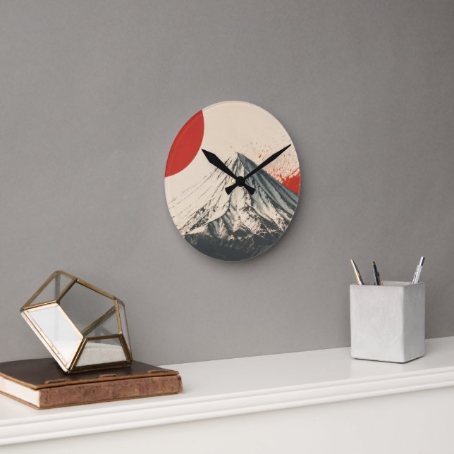 Mount Damavand Minimalist Wall Art – Red Sun Abstr Round Clock (Office)