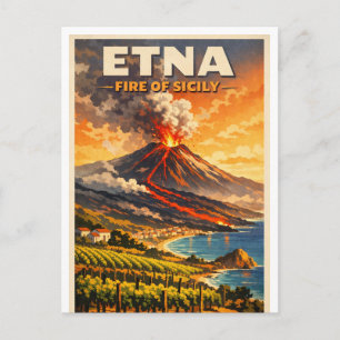 Mount Etna, Italy, in a classic retro Postcard