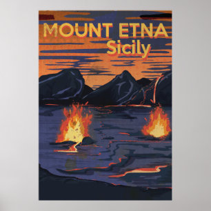 Mount Etna, Sicily vintage travel poster