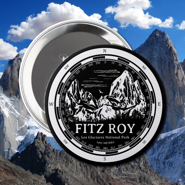 Mount Fitz Roy - Cerro Chaltén South America 4 Inch Round Button (Mount Fitz Roy Button in Back with a white compass and mountain illustration)