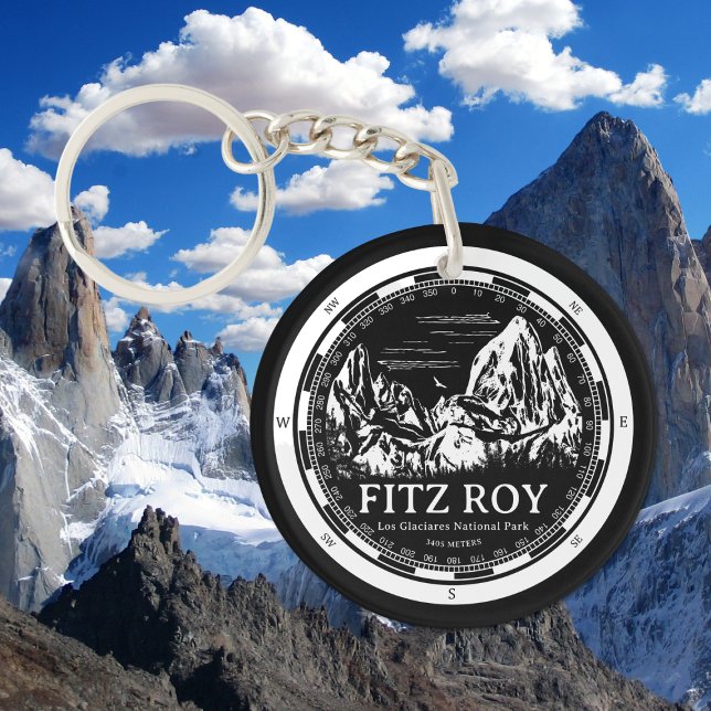Mount Fitz Roy - Cerro Chaltén South America Keychain (Mount Fitz Roy Keychain in Back with a white compass and mountain illustration)