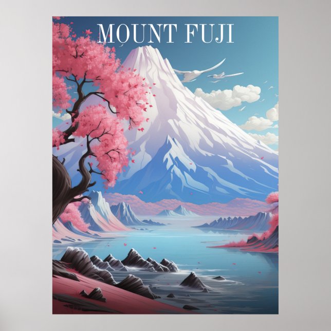 Mount Fuji Cherry Blossoms  Retro Travel Poster (Front)