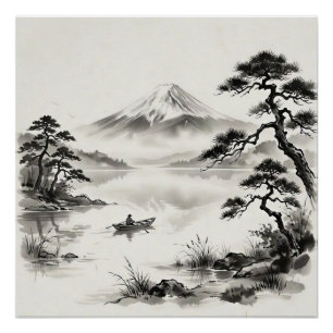 Mount Fuji Japan Ink Wash Landscape Poster