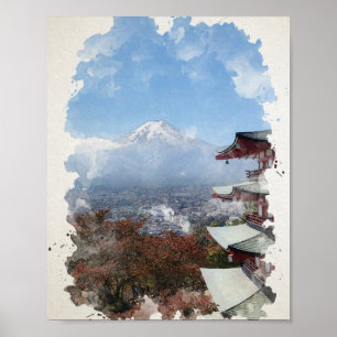 Mount Fuji Japan Watercolor Art  Poster
