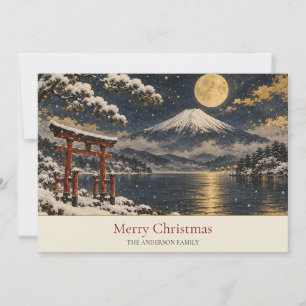 Mount Fuji Red Torii Gold Moon Snow Family Name Holiday Card