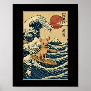 Mount Fuji Sunset Wave Art Japanese Surfing Dog Ch Poster