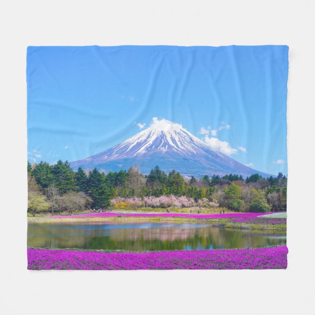 Mount Fuji Trees and Flowers Fleece Blanket (Front (Horizontal))