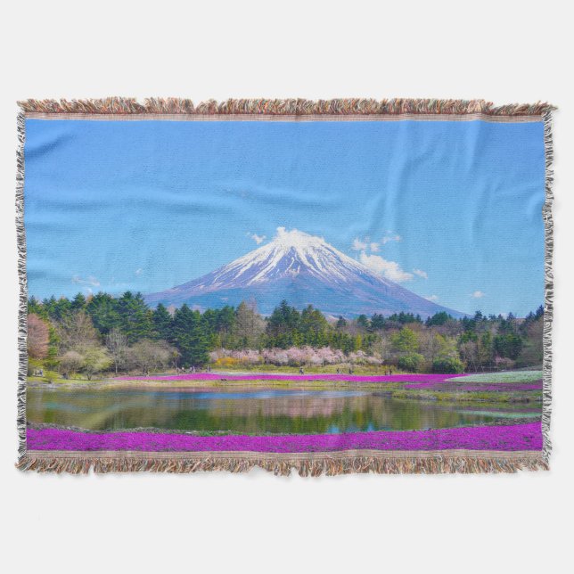Mount Fuji Trees and Flowers Throw Blanket (Front)