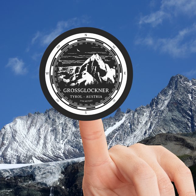 Mount Grossglockner - Tirol Austria Alps Classic Round Sticker (Mount Grossglockner Round Sticker in Back with a white compass and mountain illustration)