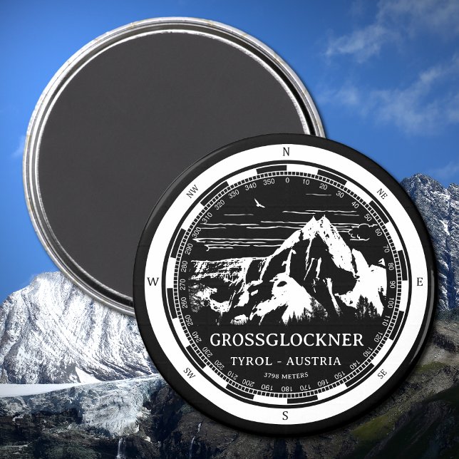 Mount Grossglockner - Tirol Austria Alps Magnet (Mount Grossglockner Magnet in Back with a white compass and mountain illustration)