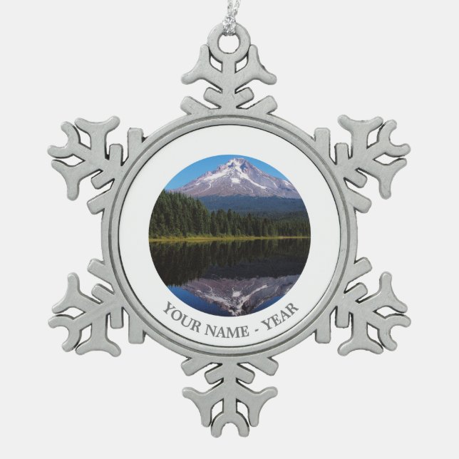 Mount Hood Reflected in Lake Snowflake Pewter Christmas Ornament (Front)