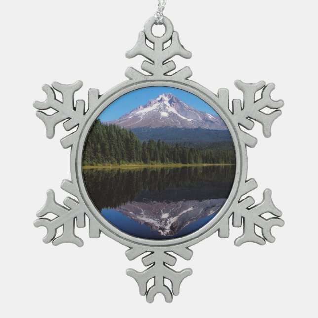 Mount Hood Reflected in Lake Snowflake Pewter Christmas Ornament (Front)