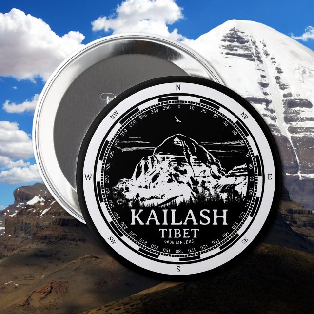 Mount Kailash - Gang Rinpoche Tibet 4 Inch Round Button (Mount Kailash - Gang Rinpoche Button in Back with a white compass and mountain illustration)