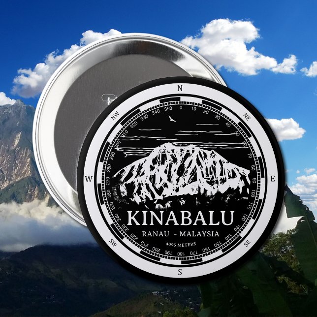 Mount Kinabalu - Ranau Malaysia Sabah Illustration 4 Inch Round Button (Mount Kinabalu Malaysia Button in Back with a white compass and mountain illustration)