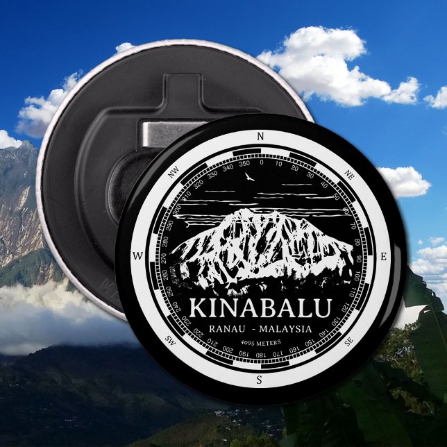 Mount Kinabalu - Ranau Malaysia Sabah Illustration Bottle Opener (Mount Kinabalu Malaysia Bottle Opener in Back with a white compass and mountain illustration)