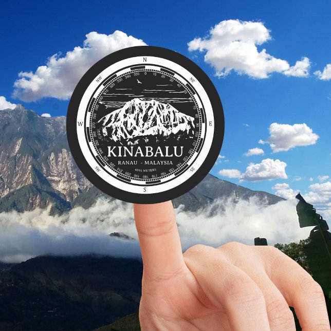 Mount Kinabalu - Ranau Malaysia Sabah Illustration Classic Round Sticker (Mount Kinabalu Malaysia Sticker in Back with a white compass and mountain illustration)