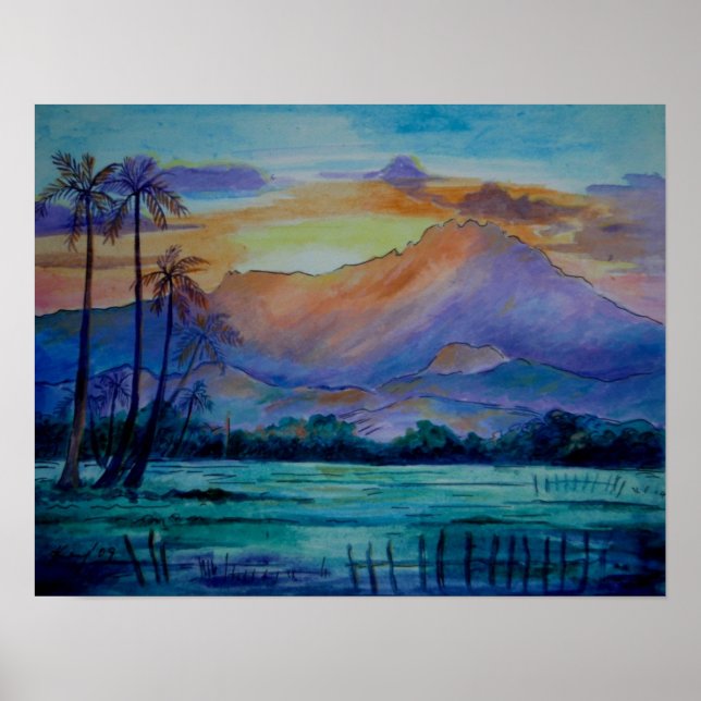 Mount Kinabalu Sunrise  Watercolor Art Poster (Front)