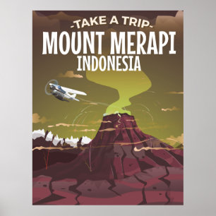 Mount Merapi Indonesia vintage cartoon poster