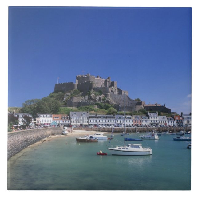 Mount Orgueil Castle and harbour, Gorey, Jersey Tile (Front)