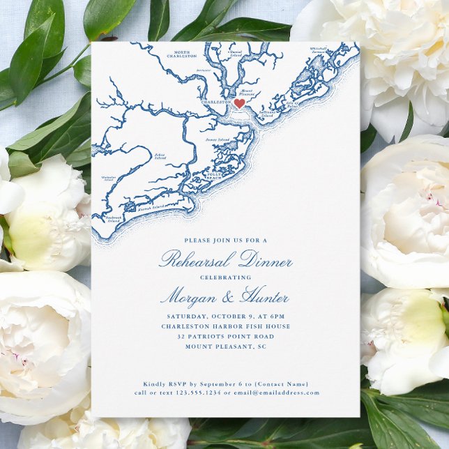 Mount Pleasant Navy Blue Wedding Rehearsal Dinner  Invitation (Mount Pleasant SC Map Wedding Rehearsal Dinner Invitation in Elegant Navy Blue - Coastal Map Designs)