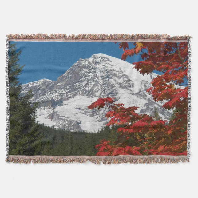 Mount Rainier and Autumn Leaf Colours Throw Blanket (Front)