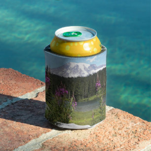 Mount Rainier and Wildflowers Scenic Landscape Can Cooler