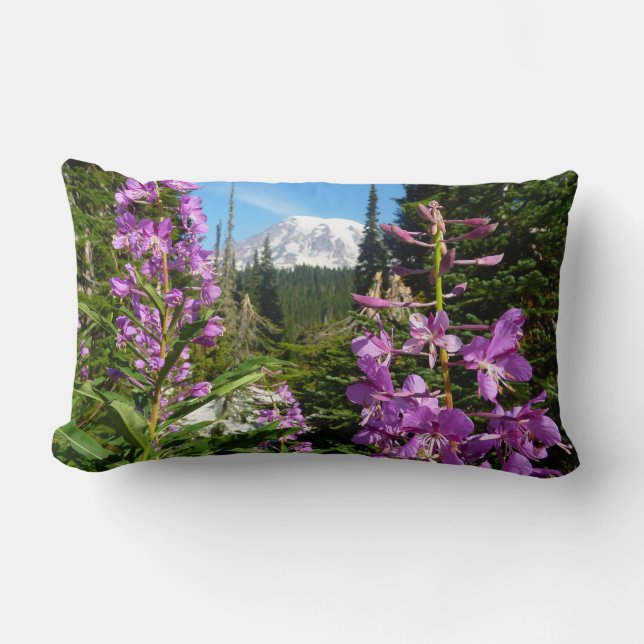 Mount Rainier Between Purple Phlox Flowers Lumbar Pillow (Front)