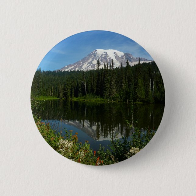 Mount Rainier Lake Reflection with Wildflowers 2 Inch Round Button (Front)