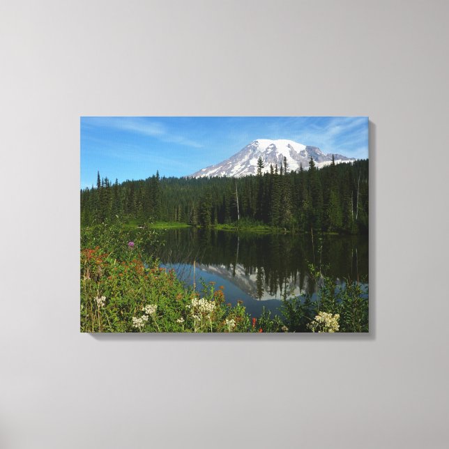 Mount Rainier Lake Reflection with Wildflowers Canvas Print (Front)
