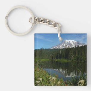 Mount Rainier Lake Reflection with Wildflowers Keychain
