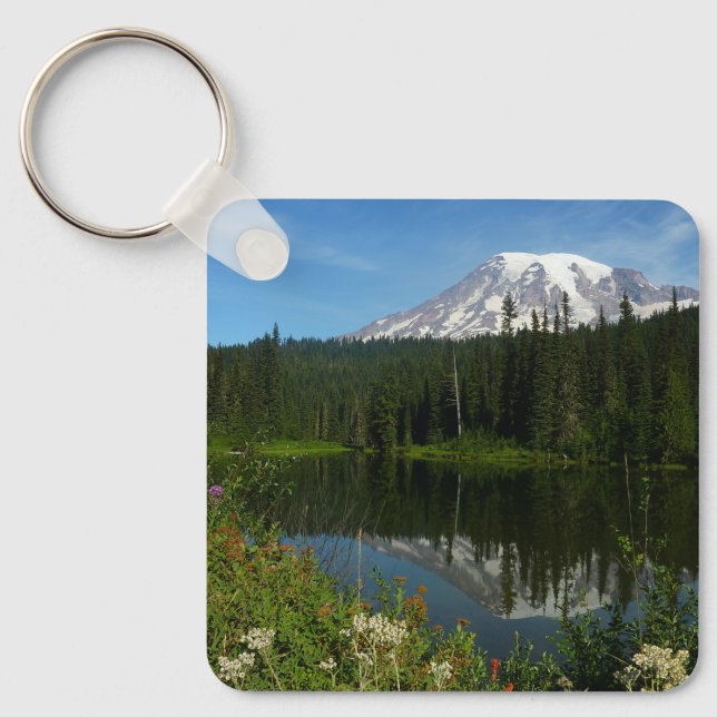Mount Rainier Lake Reflection with Wildflowers Keychain (Front)