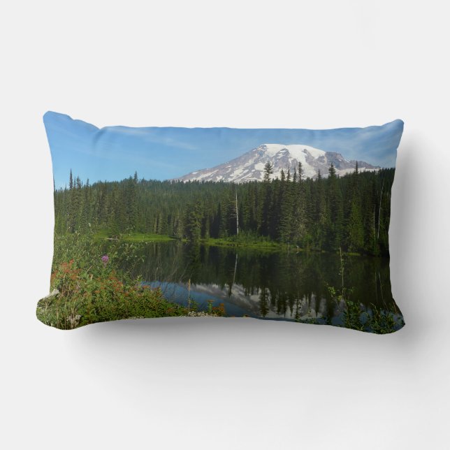 Mount Rainier Lake Reflection with Wildflowers Lumbar Pillow (Front)