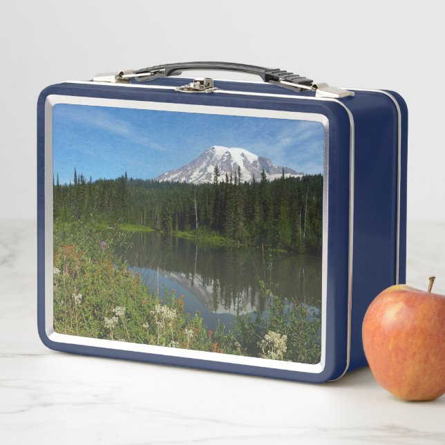 Mount Rainier Lake Reflection with Wildflowers Metal Lunch Box (In Situ)