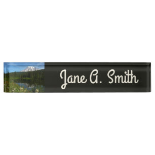 Mount Rainier Lake Reflection with Wildflowers Nameplate
