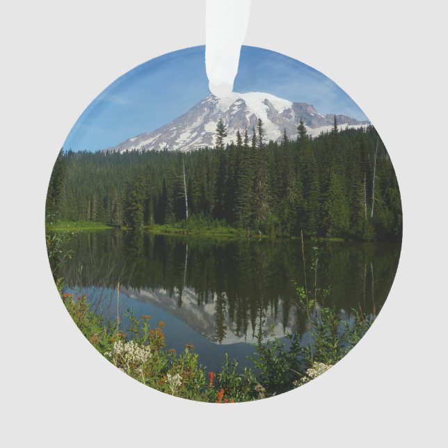 Mount Rainier Lake Reflection with Wildflowers Ornament (Front)