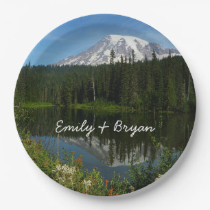 Mount Rainier Lake Reflection with Wildflowers Paper Plate