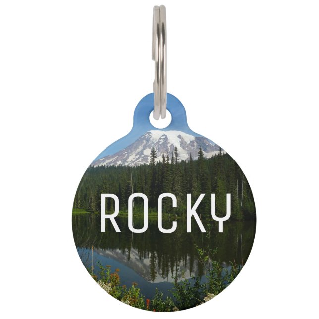 Mount Rainier Lake Reflection with Wildflowers Pet Tag (Front)