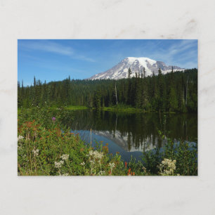 Mount Rainier Lake Reflection with Wildflowers Postcard