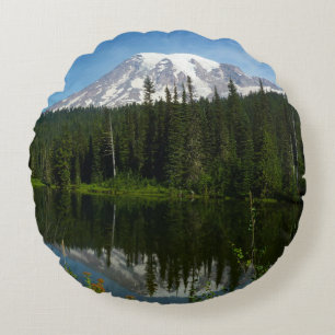 Mount Rainier Lake Reflection with Wildflowers Round Pillow